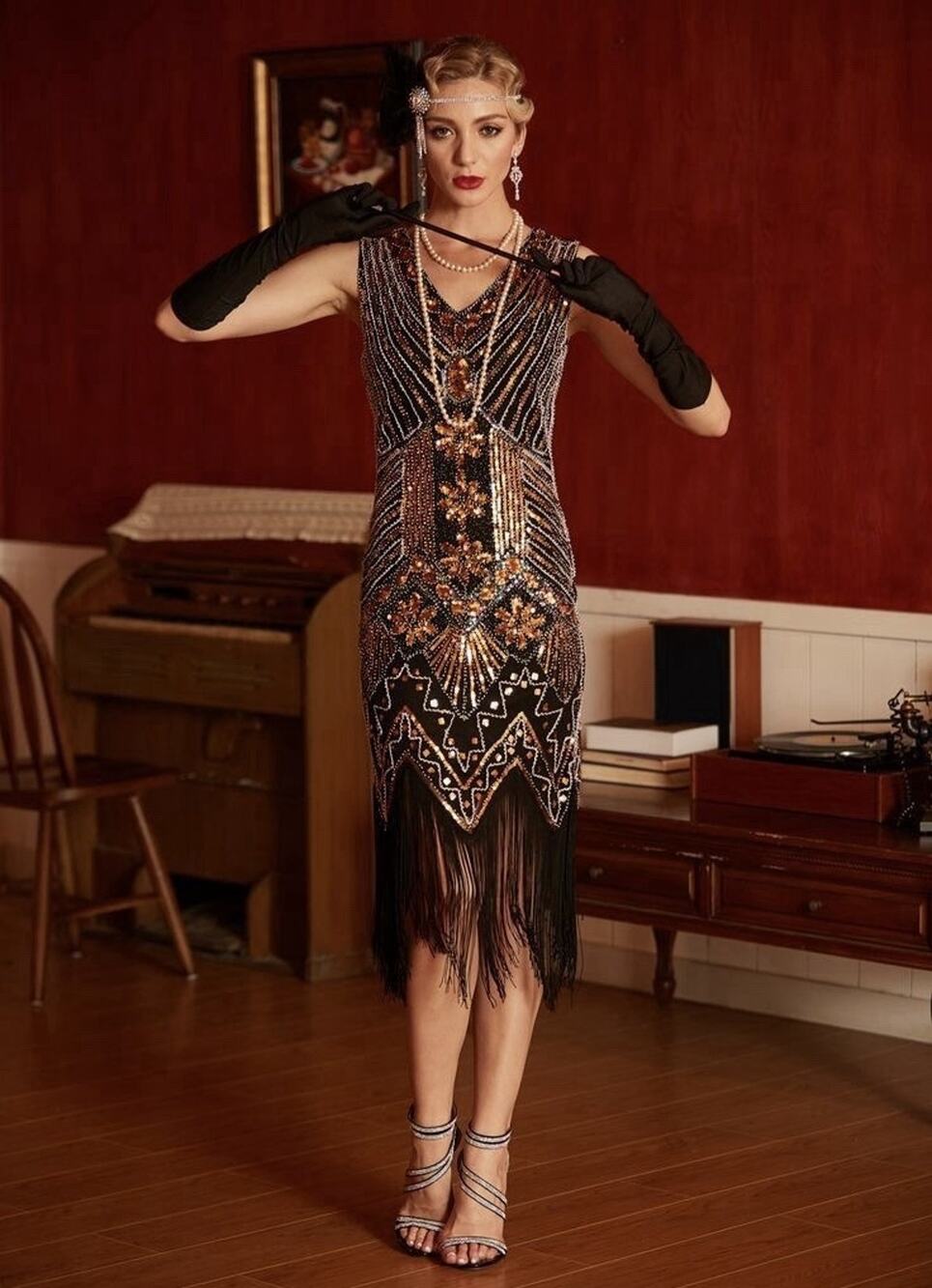Black Beaded Fringe Flapper Dress - Elegant Evening Dress